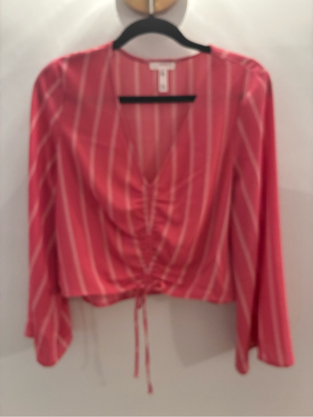 Leith Pink Striped V-Neck Drawstring Blouse
